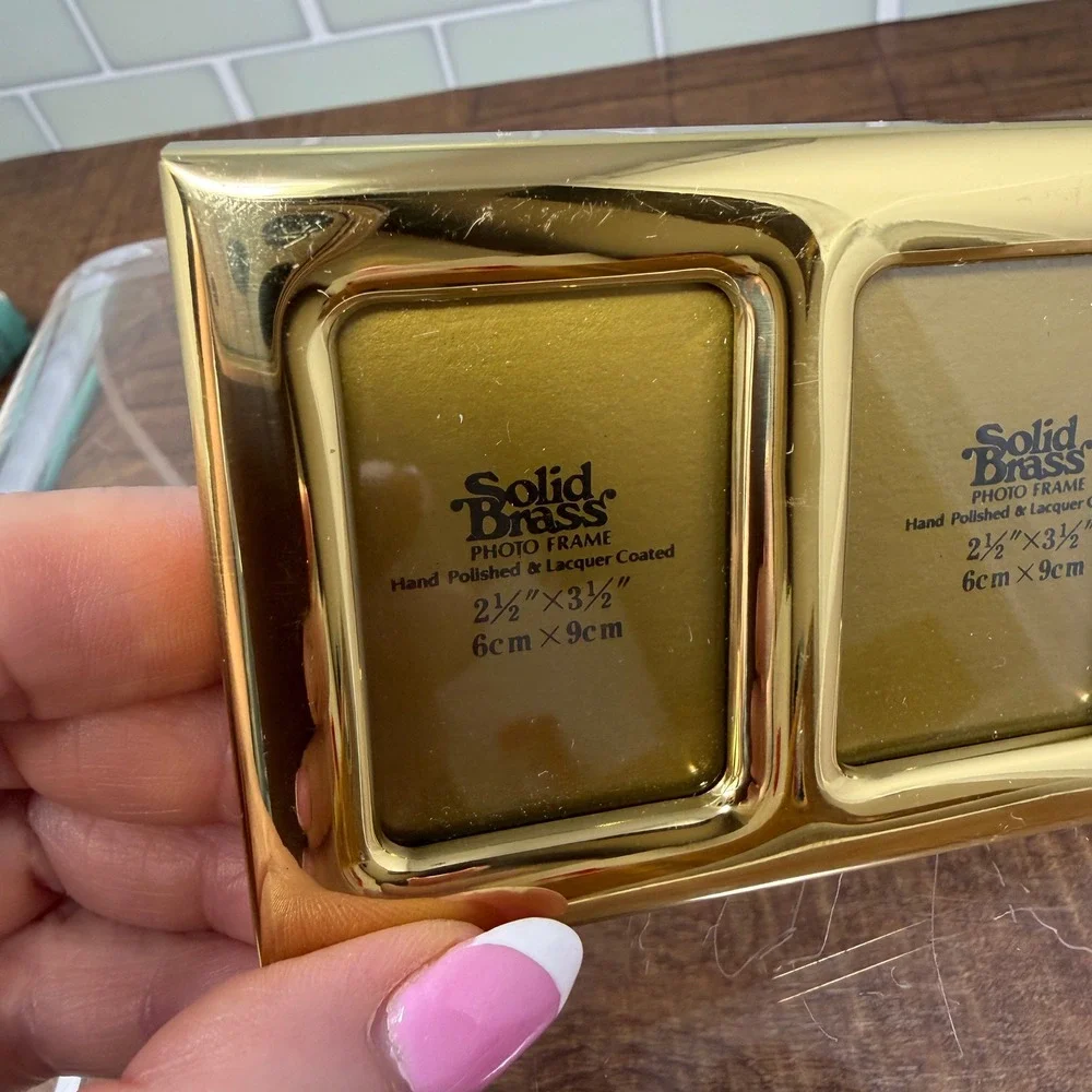 Vintage Solid Brass Mini Double Photo Frame 2.5 x 3.5 Tabletop Gold Accent Decor